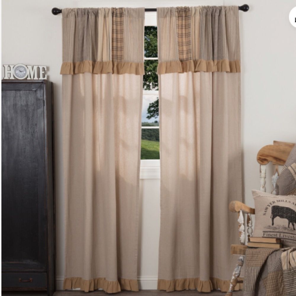 Farmhouse Curtain Set Country Cottage Panels Cotton Fabric Ruffled Patchwork